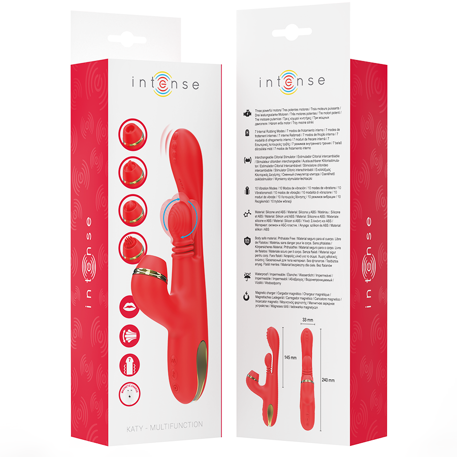 INTENSE - KATY STIMOLATORE CLITORIDEO MULTIFUNZIONE 4 TESTINE INTERCAMBIABILI ROSSO