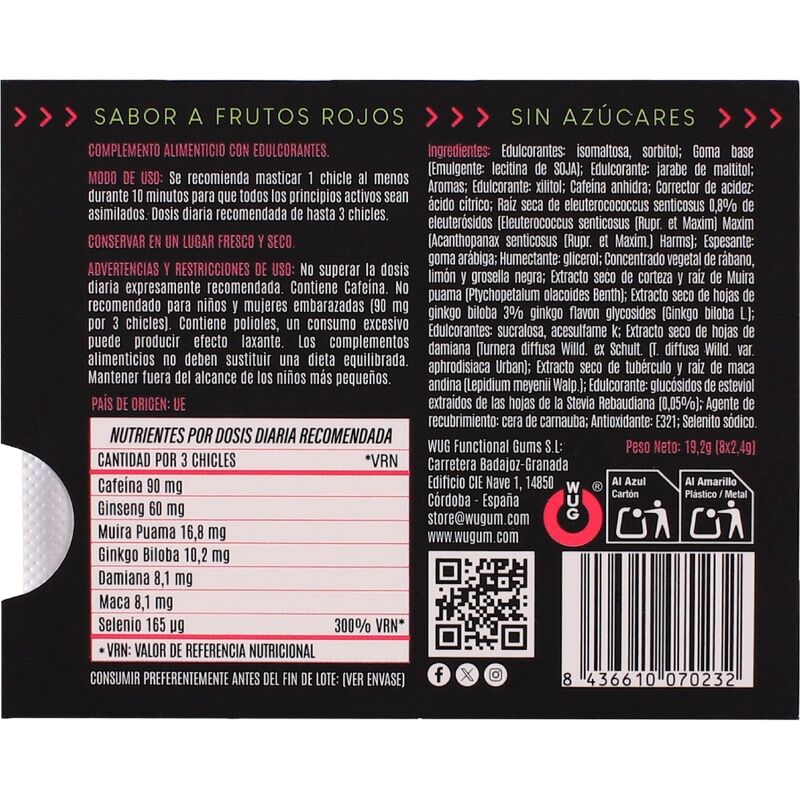 WUG Climax - Gomma da masticare funzionale con Maca, Damiana e Ginseng per aumentare il desiderio e la vitalità intima. BLISTER DA 8 PEZZI