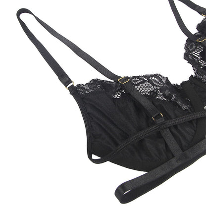 SUBBLIME - SET 3 PEZZI REGGISENO + PERIZOMA + GIARRETTIERA IN PIZZO NERO L/XL
