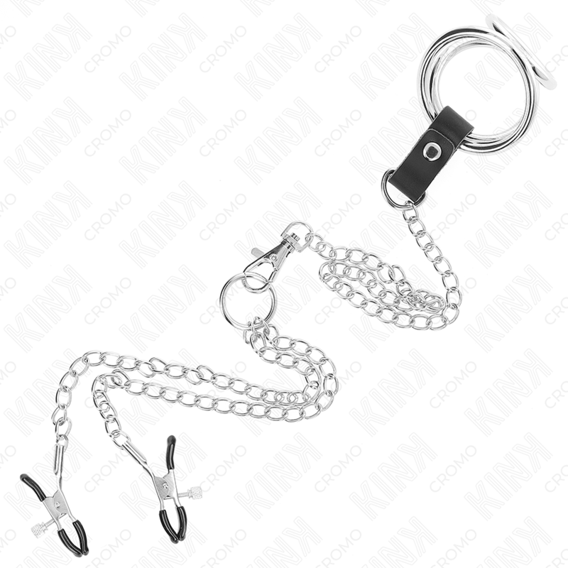 KINK - ANELLO PER PENE IN METALLO CROMATO TRIPLO DA 3,8 CM A 5 CM CON CATENA IN METALLO DA 26 CM E MORSETTI PER CAPEZZOLI MOD1