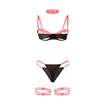 SUBBLIME - 955298 COMPLETO REGGISENO CON COLLANA E DETTAGLI GAMBA ROSA FLUO S/M