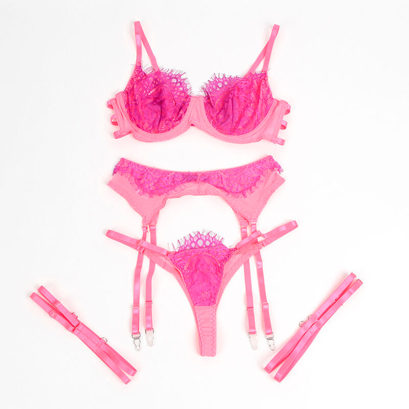 SUBBLIME - 955366 COMPLETO REGGISENO CON PIZZO E LINEE DI GIARRETTIERA ROSA E VIOLA L/XL