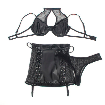 SUBBLIME - 957599 SET REGGISENO E GONNA IN PELLE NERO L/XL