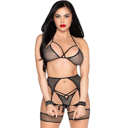 LEG AVENUE - 89362 SET TOP + PERIZOMA + GIARRETTIERA + MANETTE NERO - TAGLIA UNICA