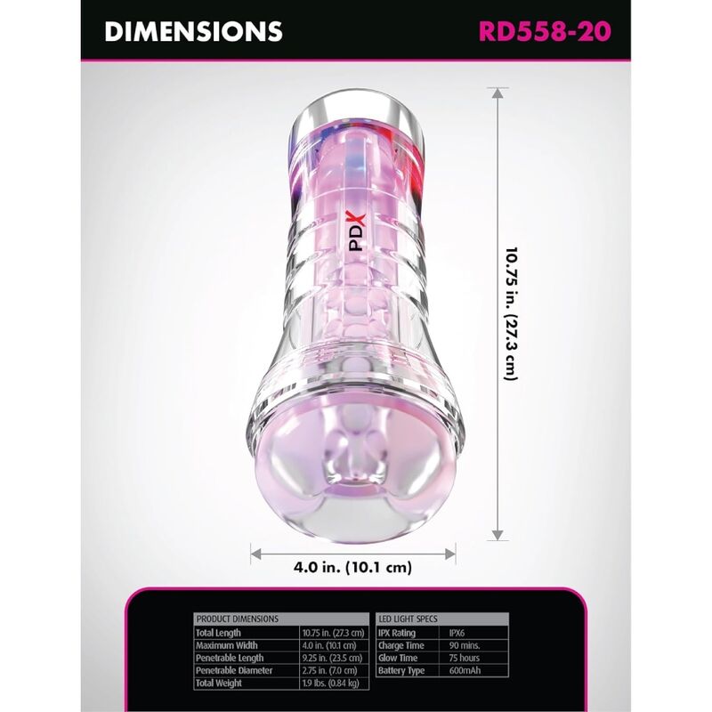 PDX ELITE - VIEWTUBE XXL LED TRASPARENTE STROKER 27,3 CM